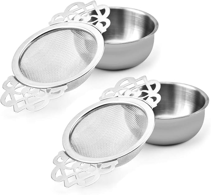 Picowe 2 Pack Tea Strainer Bowl, Stainless Steel Sliver Tea Strainers for Loose Tea Fine Mesh for 2.5-4 Inch Cup Mouth