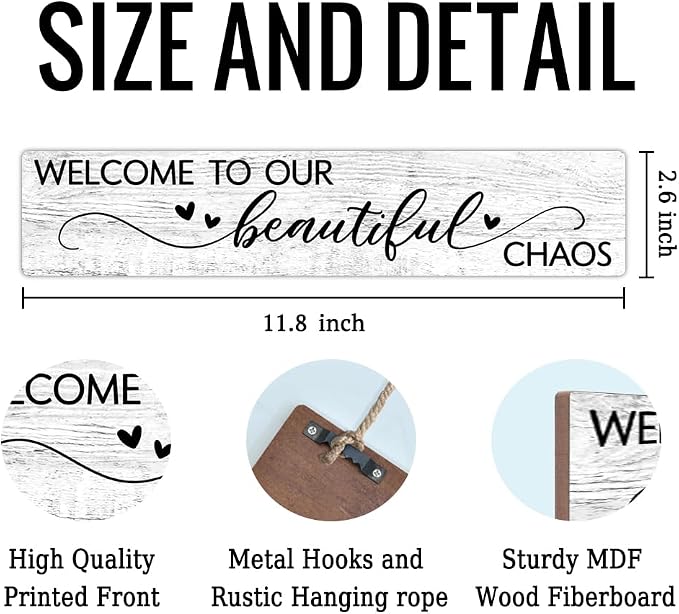 AGMDESIGN Welcome to Our Beautiful Chaos Wooden Sign, Rustic Wall Home Decor for Shelf Door, Farmhouse Yard Bedroom Playroom Porch Entryway Wooden Hanging Plaque, New Parents Housewarming Gifts - Image 2