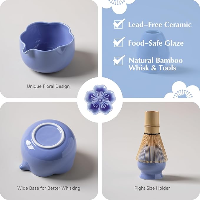 Matcha Set, 8Pcs Floral Ceramic Matcha Kit with Matcha Whisk, Holder, Scoop, Scoop Rest, Sifter, Spoon and Tea Towel - Thoughtful Matcha Whisk Set Gift for Matcha Lovers (Blue)