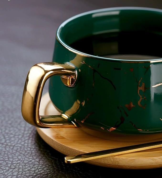 YBK Tech Porcelain Tea Cup Coffee Mug Set for Afternoon Tea - Marble Pattern (Green, Short 300ml + wood saucer)