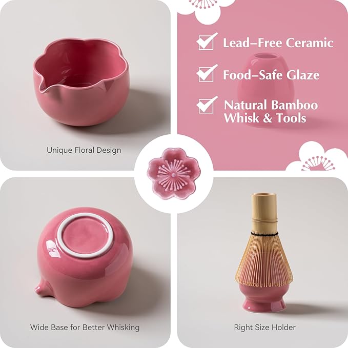 Matcha Set, 8Pcs Floral Ceramic Matcha Kit with Matcha Whisk, Holder, Scoop, Scoop Rest, Sifter, Spoon and Tea Towel - Thoughtful Matcha Whisk Set Gift for Matcha Lovers (Pink)