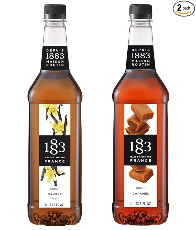 1883 Vanilla & Caramel Syrups (Café Variety Pack) for Coffee & Drinks – 1 Liter Plastic Bottles (Pack of 2)