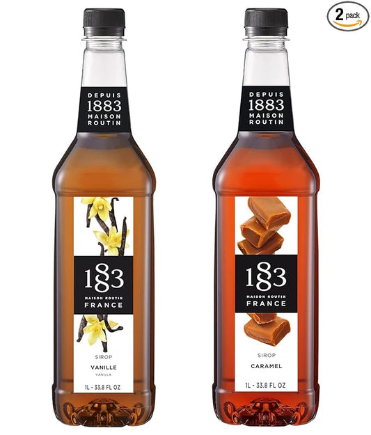 1883 Vanilla & Caramel Syrups (Café Variety Pack) for Coffee & Drinks – 1 Liter Plastic Bottles (Pack of 2)