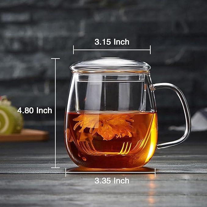 Glass Teacups 4 Pack Glass Tea Cup with Infuser and Lid, 17.6oz/520ml Large Borosilicate Teacup,Tea Clear Mug Cup for Loose Leaf Blooming Tea, Microwave & Dishwasher Safe.