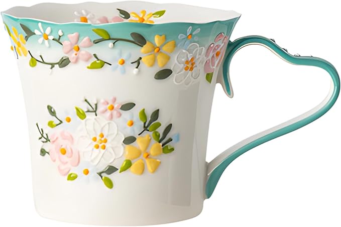 12oz Embossed Floral Ceramic Coffee Mug – Handcrafted Cottagecore Cup with Blue-Green Heart Handle and Wavy Rim, Dishwasher & Microwave Safe, Romantic Gift Mug for Her