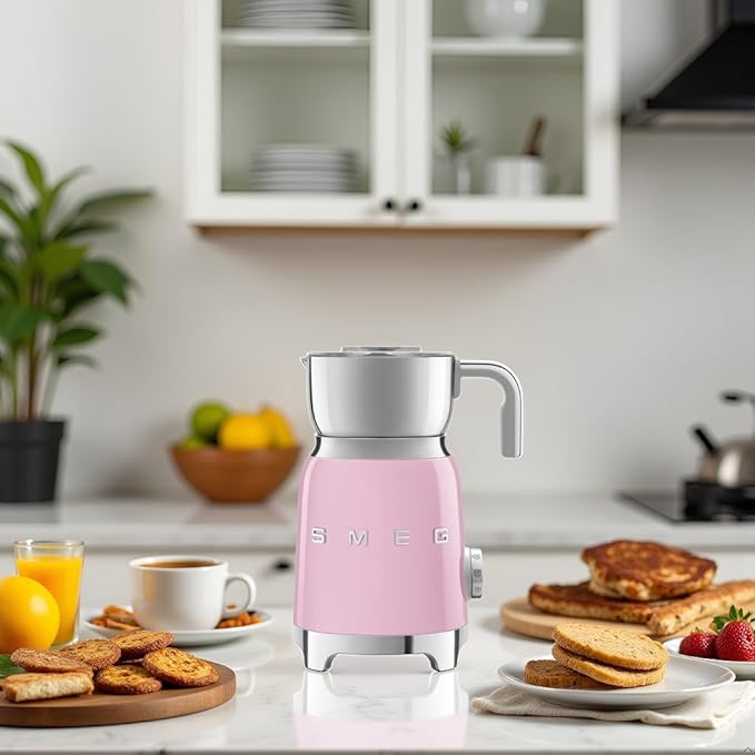 SMEG Retro 50's Style Milk Frother with 2 Disks 6 Preset Programs Hot or Cold Frothing and Induction Heating (Pink)