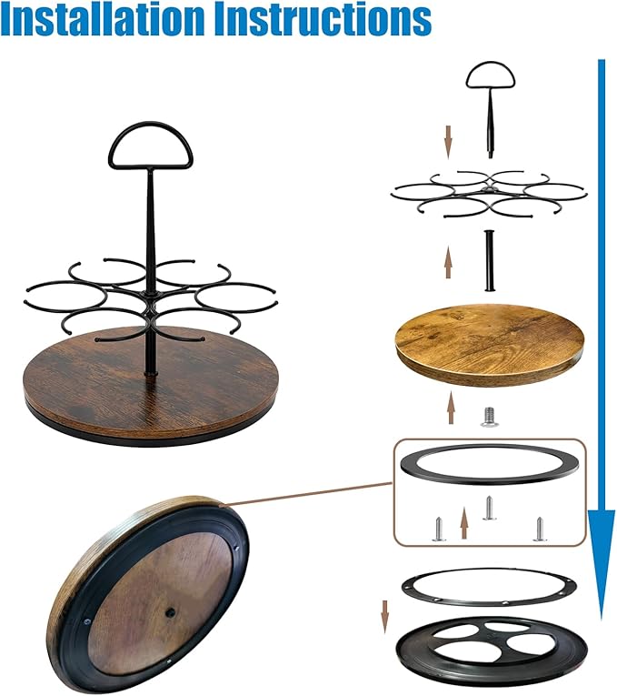 Rotating Coffee Syrup Organizer - Wooden Turntable Rack Holds 6 Bottles, Countertop Bar Station Display Stand for Coffee Syrups, Wine, and Large Bottles
