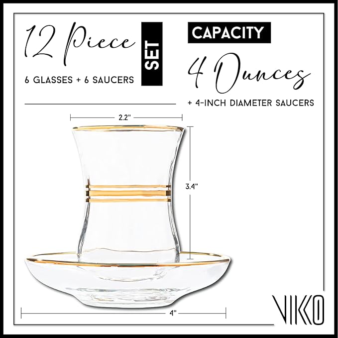 Vikko Turkish Tea Glasses & Saucers, 4 Oz Authentic Turkish Tea Cups,Set of 6 Clear Glass Tea Cups And Saucers, Gold Accented Turkish Tea Cup Set, 6 Cups and 6 Plates