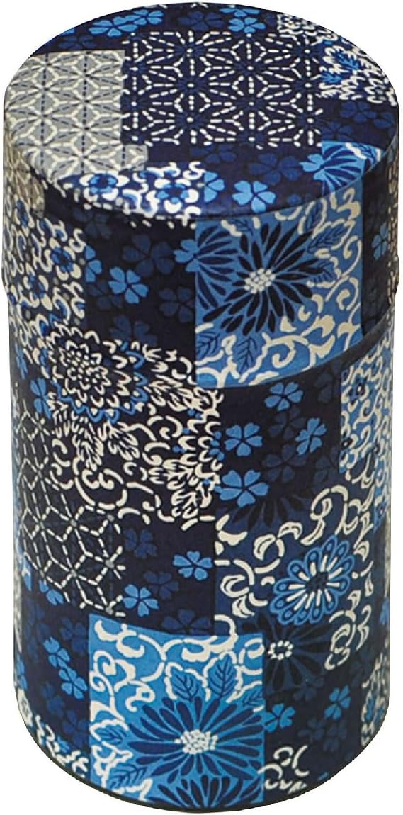 Japanese Pokkan Matcha Coffee Spice Tea Tin Canister Washi Paper Storage with Lid 7.05 oz Capacity (Ai Ichimatsu/L)
