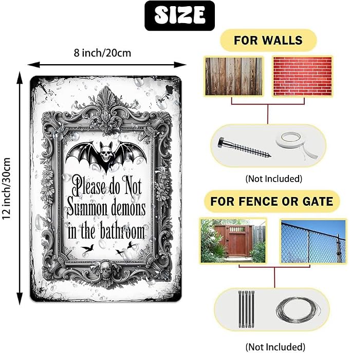 Halloween Bathroom ''Please Do Not Summon Demons In The Bathroom'' Metal Tin Sign - 8x12 Inch, Gothic Bat Art Sign For Toilet, Cafe, Garage, Office Decor, Halloween Accessories, Halloween Decor - Image 2