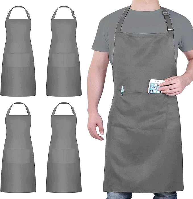 4 Packs Chef Apron, Waterproof Apron, Adjustable Aprons with 2 Pockets for Men Women, Professional Aprons for Kitchen Cooking Gardening Painting Baking Restaurant (Gray) by loteaf
