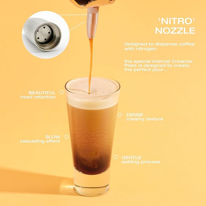 1L Nitro Coffee Maker, Aluminum Nitro Cold Brew Coffee Maker with Special Nitro Diffuser Nozzle & Cold Brew Maker for Making Nitro Cold Brew, 1 Quart/1L, Includes (10) Nitro Cartridges