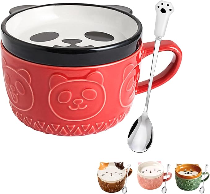 Cute Kawaii Panda Coffee Mugs with Lids,Christmas Birthday Presents for Girls Friend Kids Men Wife Mom Grandma Teacher,Novelty Animal Coffee Ceramic Tea Cup Dessert Saucer Set Gifts for Women Her