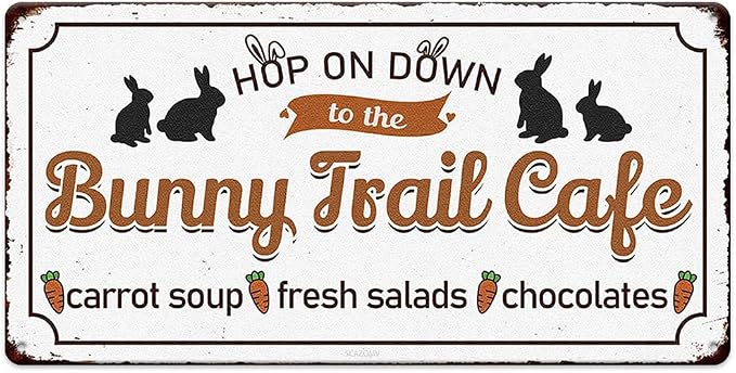 Bunny Trail Cafe Vintage Metal Tin Sign Bunny Rabbit Carrot Print Poster Art Wall Decor Easter Cute Novelty Sign for Home Farmhouse Kitchen Coffee Bar Yard Garden 6x12 Inch by SCAZOMV