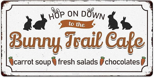 Bunny Trail Cafe Vintage Metal Tin Sign Bunny Rabbit Carrot Print Poster Art Wall Decor Easter Cute Novelty Sign for Home Farmhouse Kitchen Coffee Bar Yard Garden 6x12 Inch by SCAZOMV