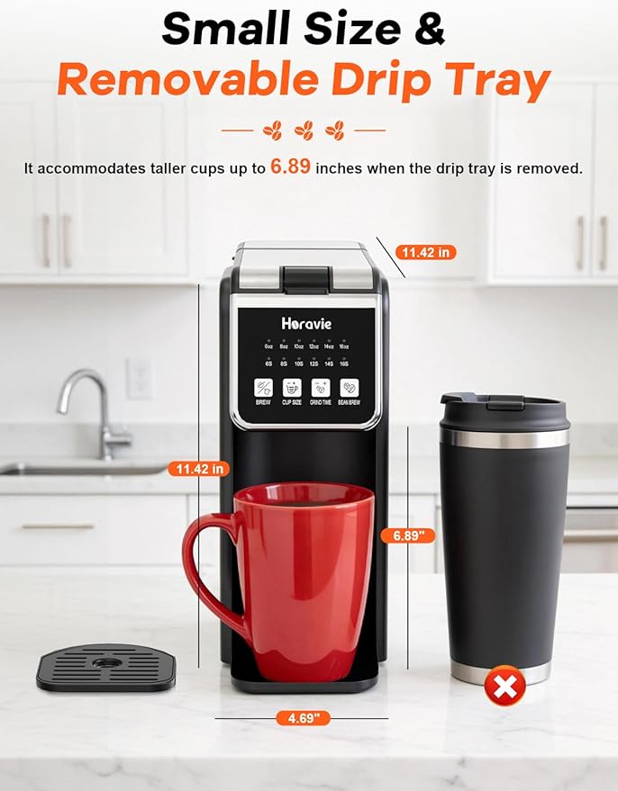 Single Serve Coffee Maker with Built-in Grinder, Fast Brew 6-16oz Single Cup for Whole Beans, Grounds, K-Cup, Grind and Brew Coffee Maker with 47oz Water Tank, Descaling Alert, Black