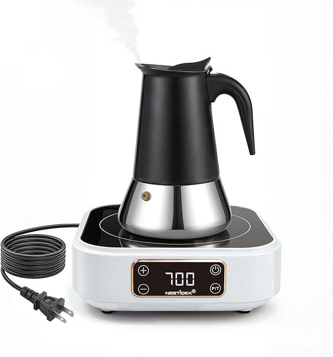 Moka Pot Coffee Maker 4 Cup with Mini Induction Cooktop - Stainless Steel Stovetop Espresso Maker Set 700W 120V Portable Burner for RV Travel Kitchen