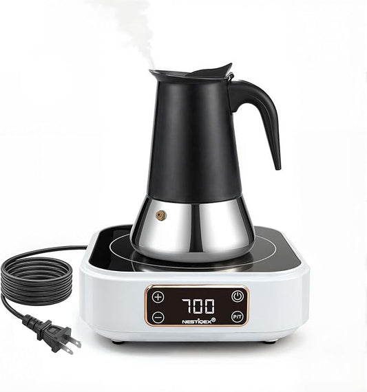 Moka Pot Coffee Maker 4 Cup with Mini Induction Cooktop - Stainless Steel Stovetop Espresso Maker Set 700W 120V Portable Burner for RV Travel Kitchen