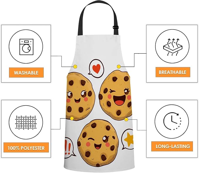 Cute Cookies with Chocolate Chips Bib Apron with Adjustable Neck for Men Women,Suitable for Kitchen Cooking Chef Grill Bistro BBQ Apron - Image 4