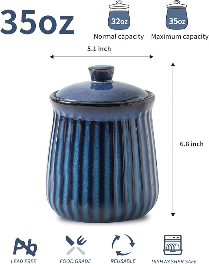 Hasense Ceramic Storage Containers, 35 oz Coffee Canister with Airtight Lids, Porcelain Food Storage Jar, Kitchen Storage Container for Countertop, Flour and Sugar Containers for Cookie, Candy, Blue