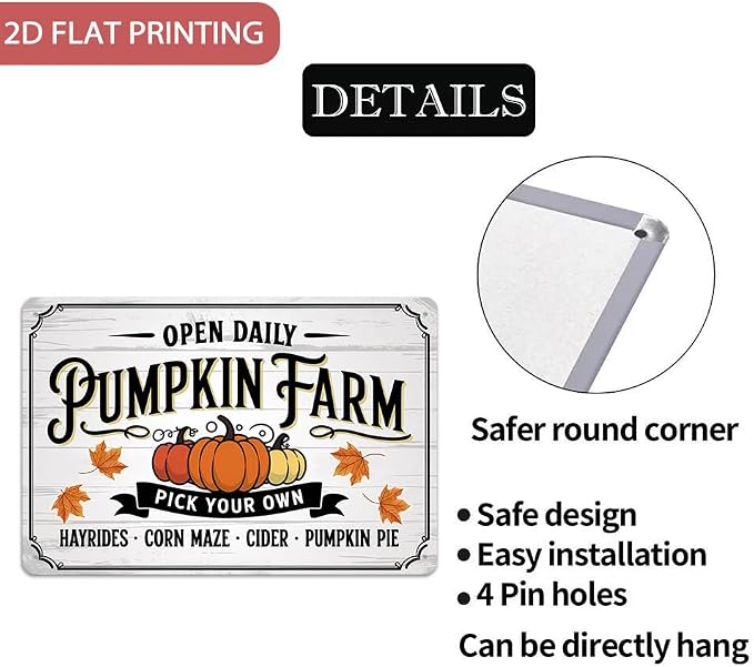 Farmhouse ''Pumpkin Farm Pick Your Own'' Tin Sign, Autumn Pumpkins Metal Sign - 8x12 Inch, Fall Wall Art Sign For KItchen, Cafe, Bar Decor, Thanksgiving Day/Autumn Decor - Image 2