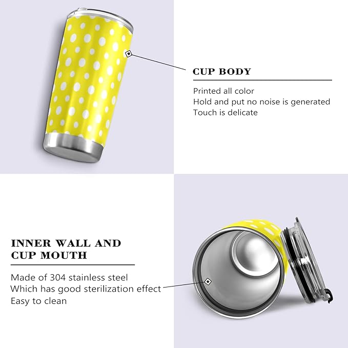 Tumbler Yellow Polka Dot Insulated Coffee Cup Beverage Container Travel Mug with Straw and Lid Double Wall Stainless Steel 20oz BPA-Free for Sport, Back to School