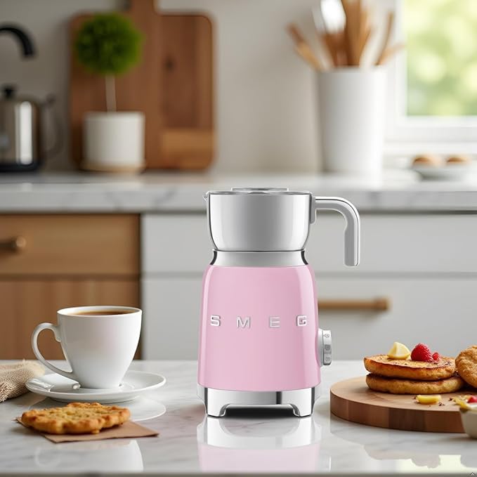 SMEG Retro 50's Style Milk Frother with 2 Disks 6 Preset Programs Hot or Cold Frothing and Induction Heating (Pink)