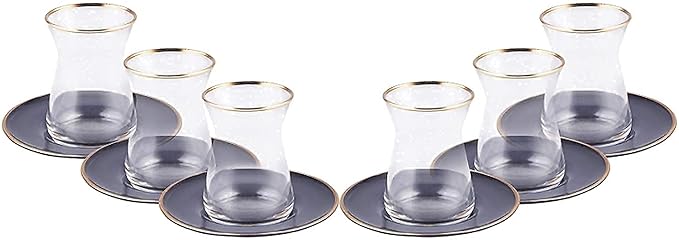 KARACA Turkish Tea Glasses Set for 6, 12-Piece Retro Anthracite Tea Set with Gold Trim, Traditional Turkish Tea Cups, Clear Glass Serving Set for Home & Entertaining