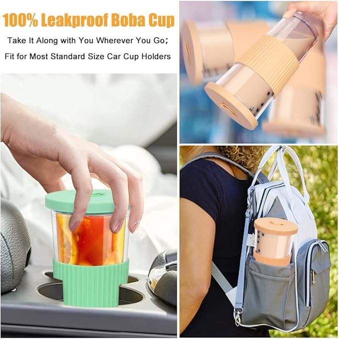 2 Pack Reusable Boba Tea Cups, 24oz Iced Coffee Cup with Straw and Lid, Leakproof Clear Plastic Cups Tumbler, Double Wall Insulated Smoothie Tumbler, Wide Straw for Bubble Tea, Green & Orange