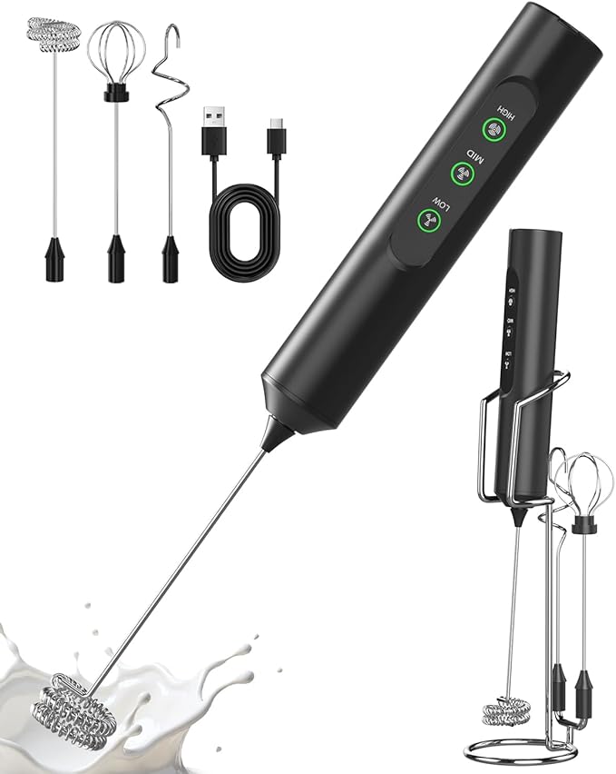 Rechargeable Milk Frother Handheld with 3 Speed, 3 Detachable Whisks with Stand, Electric Coffee Drink Mixer Wand for Cappuccino, Latte, Matcha, Hot Chocolate, Eggs,Protein Black