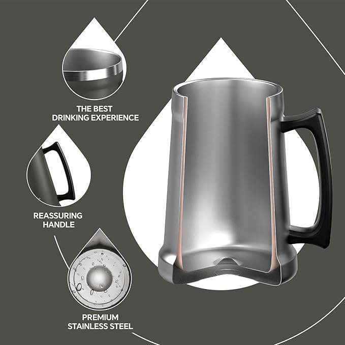 Ideus Insulated Beer Stein, 24/32oz Stainless Steel Double Walled Beer Mug Giant Bar Drinkware Metal Beer Cup with Big Grip Handle (Grey, 24 ounces (710ml))