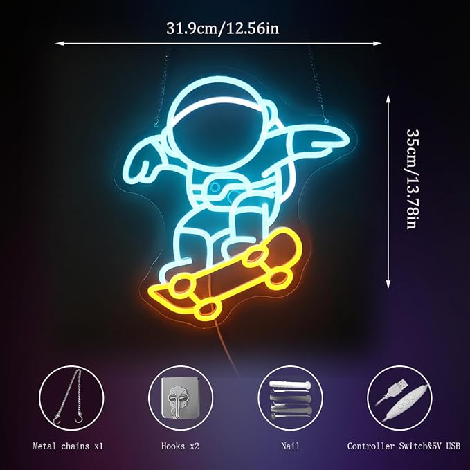 "Astronaut Skateboarding" Space Adventure Light - Cool & Gravity-Defying LED Wall Art for Game Room, Dorm, Bedroom Decor, Dimmable USB, Awesome Gift for Sci-Fi Fans & Adventurers - Image 5