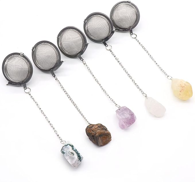 5 Pcs Tea Filter Stainless Steel with Crystal Energy Stone Tea Strainers with Fine Mesh Extend Chain Hook Tea Ball Infuser for Loose Tea Leaves Spices Seasonings
