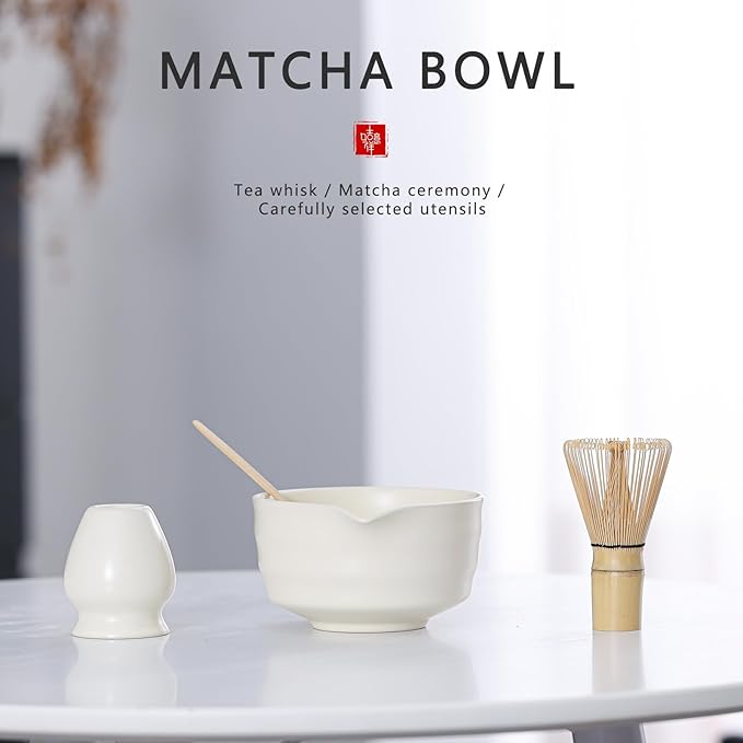 Matcha Tea Set – Traditional Japanese Ceremony Kit with 18.5OZ Ceramic Bowl, Bamboo Whisk, Scoop, and Holder – Ideal for Authentic Matcha Preparation and Gifting (Cream White)