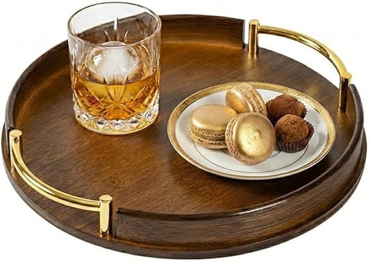 12″ Round Bamboo Serving Tray with Handles, Dark Brown Wooden Tray for Coffee Table, Ottoman & Kitchen – Decorative Tray for Drinks, Snacks, Home Decor & Gifts