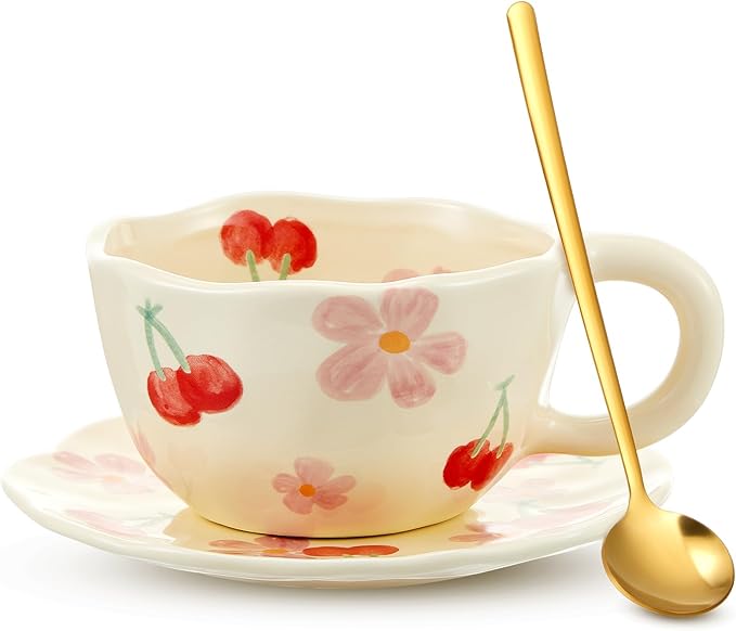 Vesici 1 Set Ceramic Flower Coffee Mug with Saucer Spoon 8.5 oz Vintage Floral Aesthetic Mugs Cute Tea Milk Cup for Women Mom Gift, Dishwasher and Microwave Safe (Classic Style)