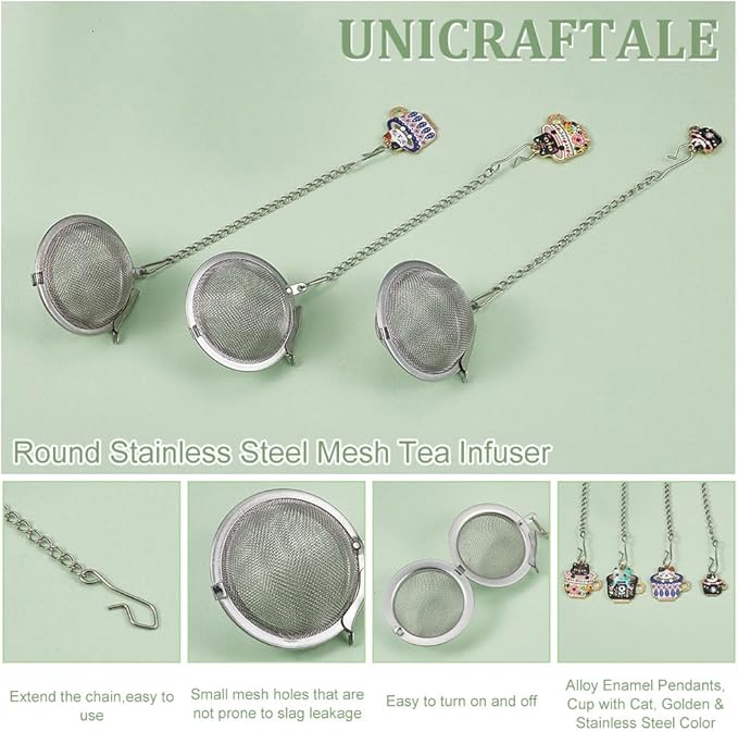 UNICRAFTALE 4 Sets 304 Stainless Steel Loose Leaf Tea Ball Mesh Tea Strainer with Alloy Enamel Pendants Round Tea Strainer Set with Cat Cup Pendant for Brew Tea, Spices & Seasoning