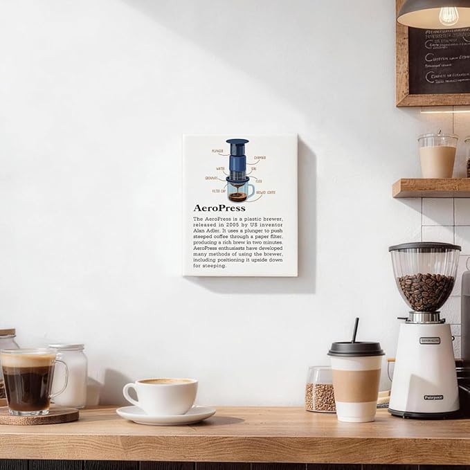 RTVJTERQ AeroPress Brewer Oil Painting, 8x10 Inches Brewing Method Art Print, Stylish Wall Decor for Home Kitchen & Office, Iconic Brewer Artwork, Ideal Gift For Aficionados