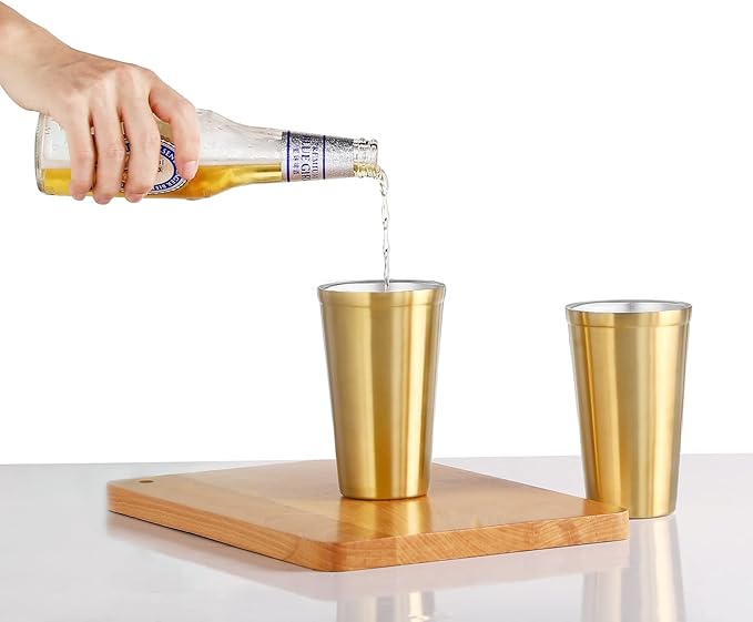 Stainless Steel Double Walled Insulated Cups(Set of 2) Stackable, Coffee Cup/Tea Cup/Chilling Beer Glasses, Great for Kids, for Travel, Outdoor,Camping&Everyday, 16oz(Gold)