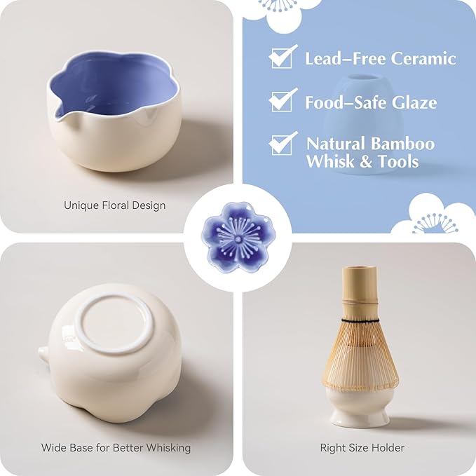 Matcha Set, 8Pcs Floral Ceramic Matcha Kit with Matcha Whisk, Holder, Scoop, Scoop Rest, Sifter, Spoon and Tea Towel - Thoughtful Matcha Whisk Set Gift for Matcha Lovers (Beige & Blue)