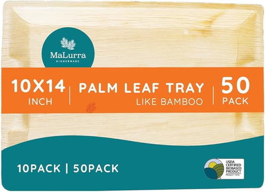 14"x10" Rectangle Tray - 50 PCs Disposable Serving Palm Platters Like Bamboo Charcuterie Tray | Biodegradable | Disposable | Eco-Friendly, Heavy Duty, Bulk | For Parties, Weddings, BBQs & Catering