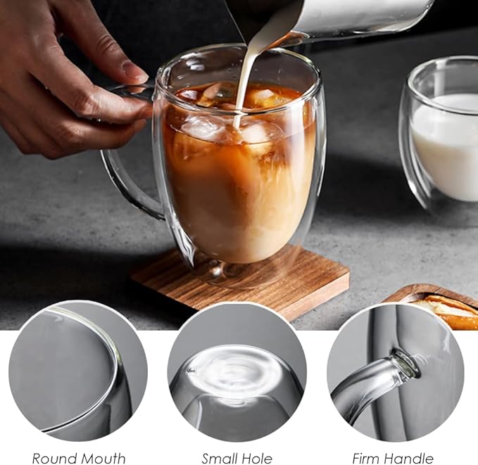 12 oz Double Walled Glass Coffee Mugs, Clear Glass Mug Set of 4, Insulated Borosilicate Glass Coffee Cups with Handle, Espresso Mugs for Cappuccino, Latte, Tea, Hot/Cold Drink