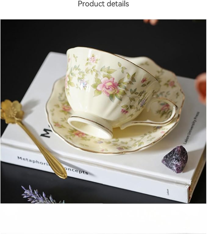 8 oz Vintage flower Ceramic cup and 6" saucer set with Brand customized stainless steel spoon Gifts for Afternoon Tea Coffee Hour (D)