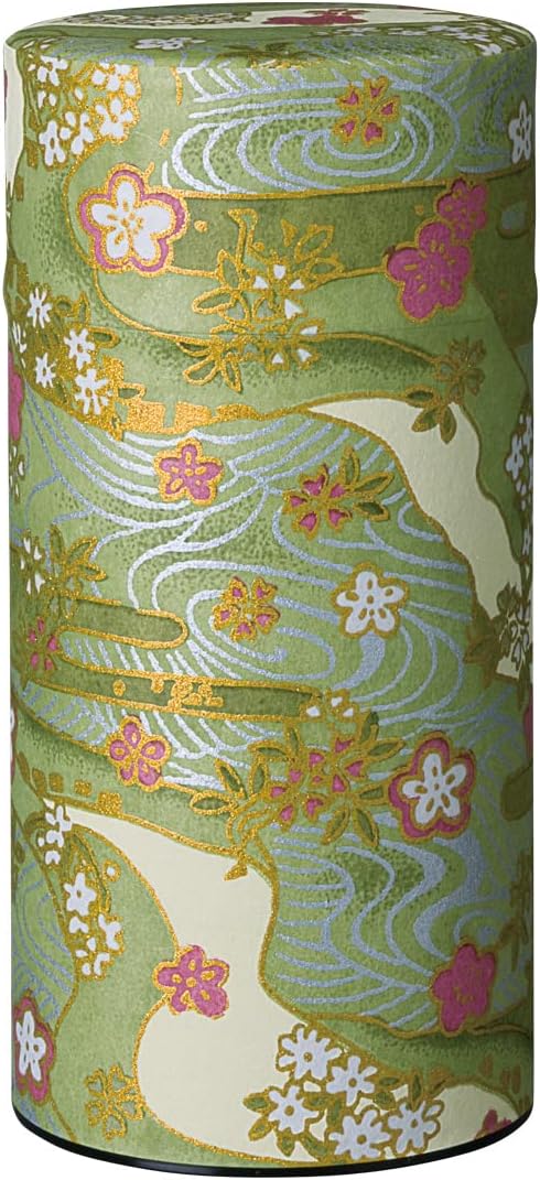 Japanese Tea Canister Tin Shikisai(Four Seasons Color) Green/Double Lid/Japanese Washi Paper Pasted /200g Tea Capacity/Loose Leaf Tea Storage/Storage Container with Lid