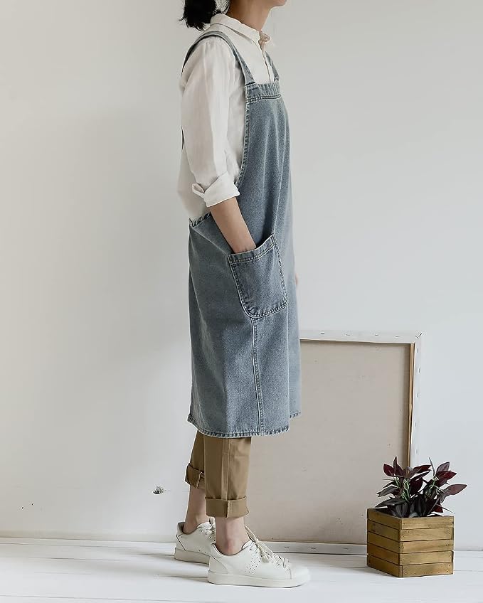 Cotton Denim Apron Soft - Unisex Adjustable Bib Apron with 5-Pockets Perfect for Kitchens - Image 4