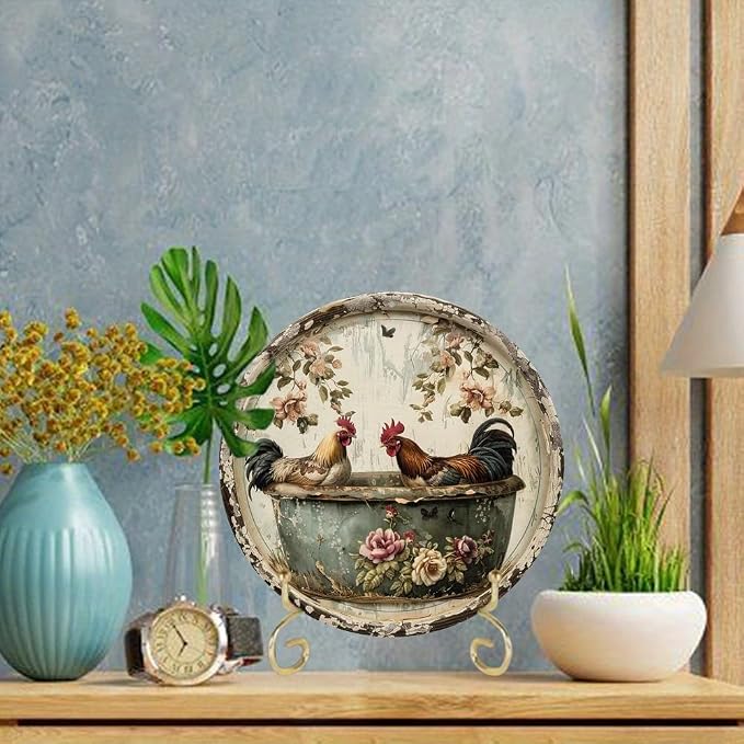1pc Vintage Round Bathroom Aluminum Metal Decor Sign, 8x8 Inch, Chicken Themed Wreath, Use Without Electricity, No Feathers, with for Home, Living Room Wall Decoration - Image 2