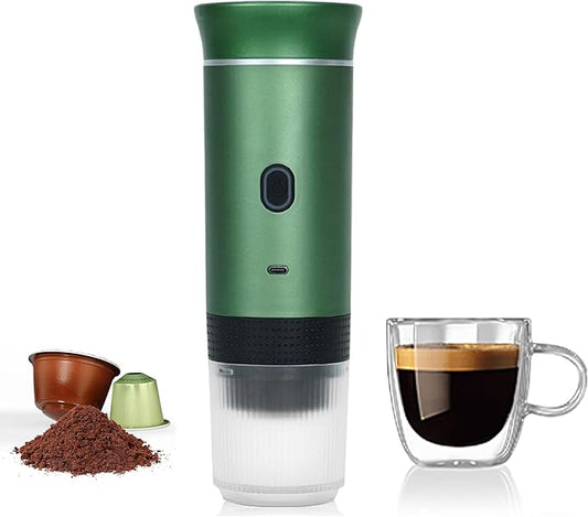 LumoShine Portable Espresso Machine, Mini Espresso Maker, Self Heating Coffee Maker Compatible with Ground Coffee, Capsule for Camping RV Hiking Outdoor Travel Green