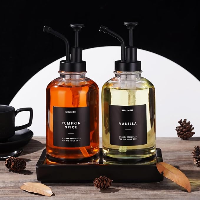 Molimoli Coffee Syrup Dispenser - Glass Bottle with Pump, Maple/Coffee Syrup, Labels and Tray - Image 9