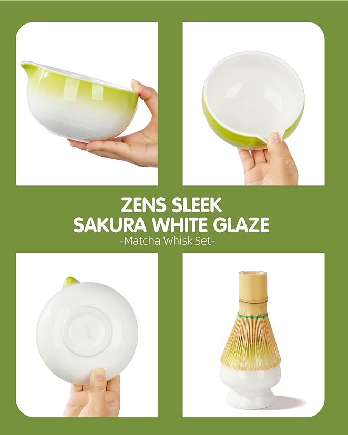 ZENS Matcha Whisk Set, 6pcs Matcha Kit Includes Ceramic Bowl, Handcrafted Bamboo Whisk and Chasen Holder, Scoop, 304 Sifter & Tea Mat，Matcha Set for Tea Ceremony,Latte Making, Green