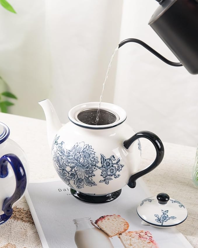 45 Ounce Tea Pot with Infuser, Ceramic Blue and White Teapot, Flowers and Branches